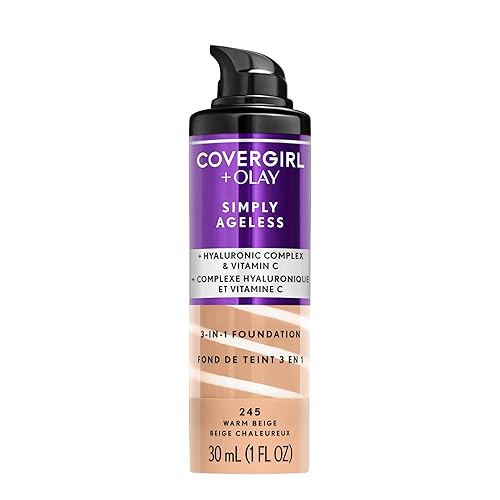 COVERGIRL & Olay Simply Ageless 3-in-1 Liquid Foundation, Matte Finish, Hyaluronic & Vitamin C Formula, 245 Warm Beige, 1 Count Beauty & Personal Care COVERGIRL