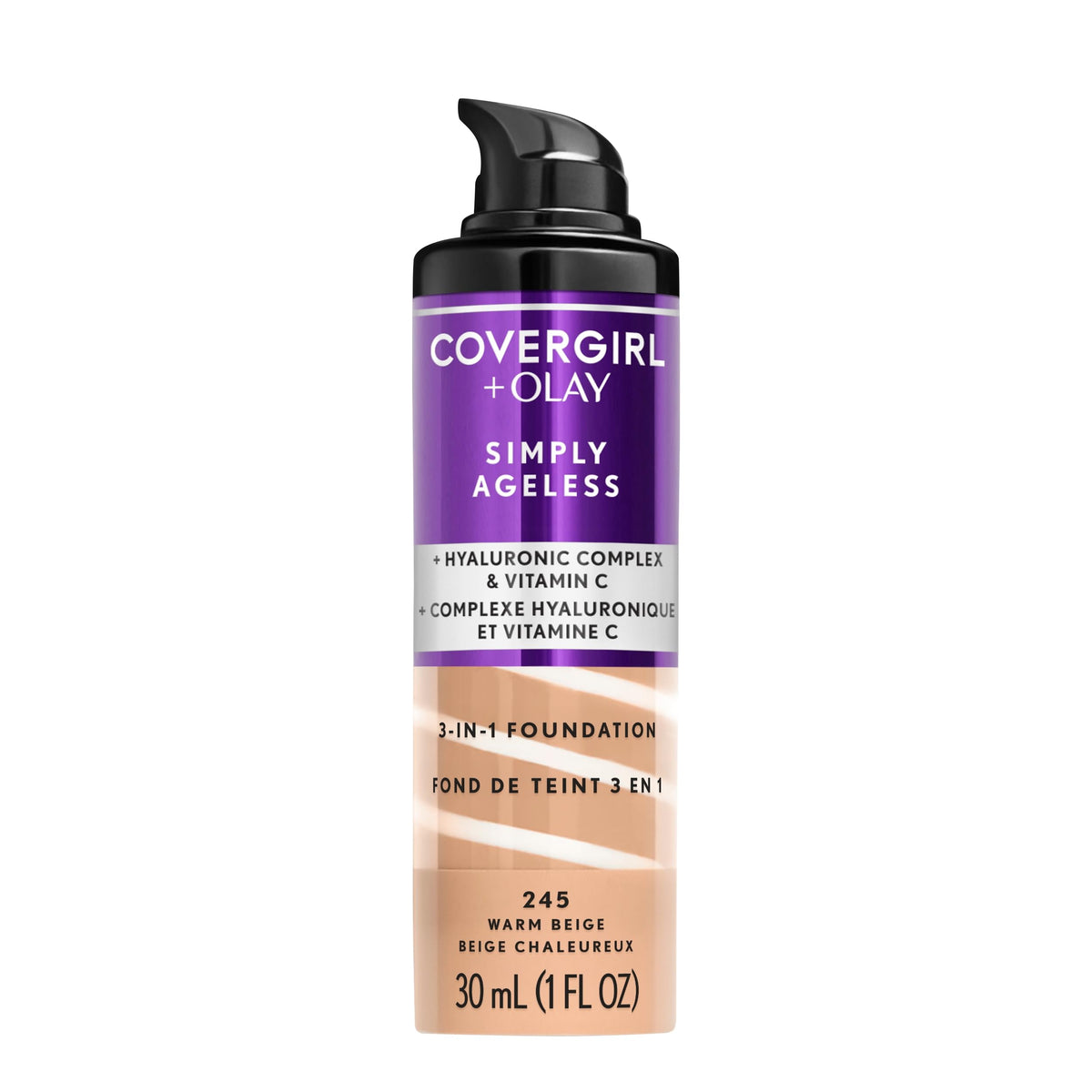 COVERGIRL & Olay Simply Ageless 3-in-1 Liquid Foundation, Matte Finish, Hyaluronic & Vitamin C Formula, 245 Warm Beige, 1 Count Beauty & Personal Care COVERGIRL