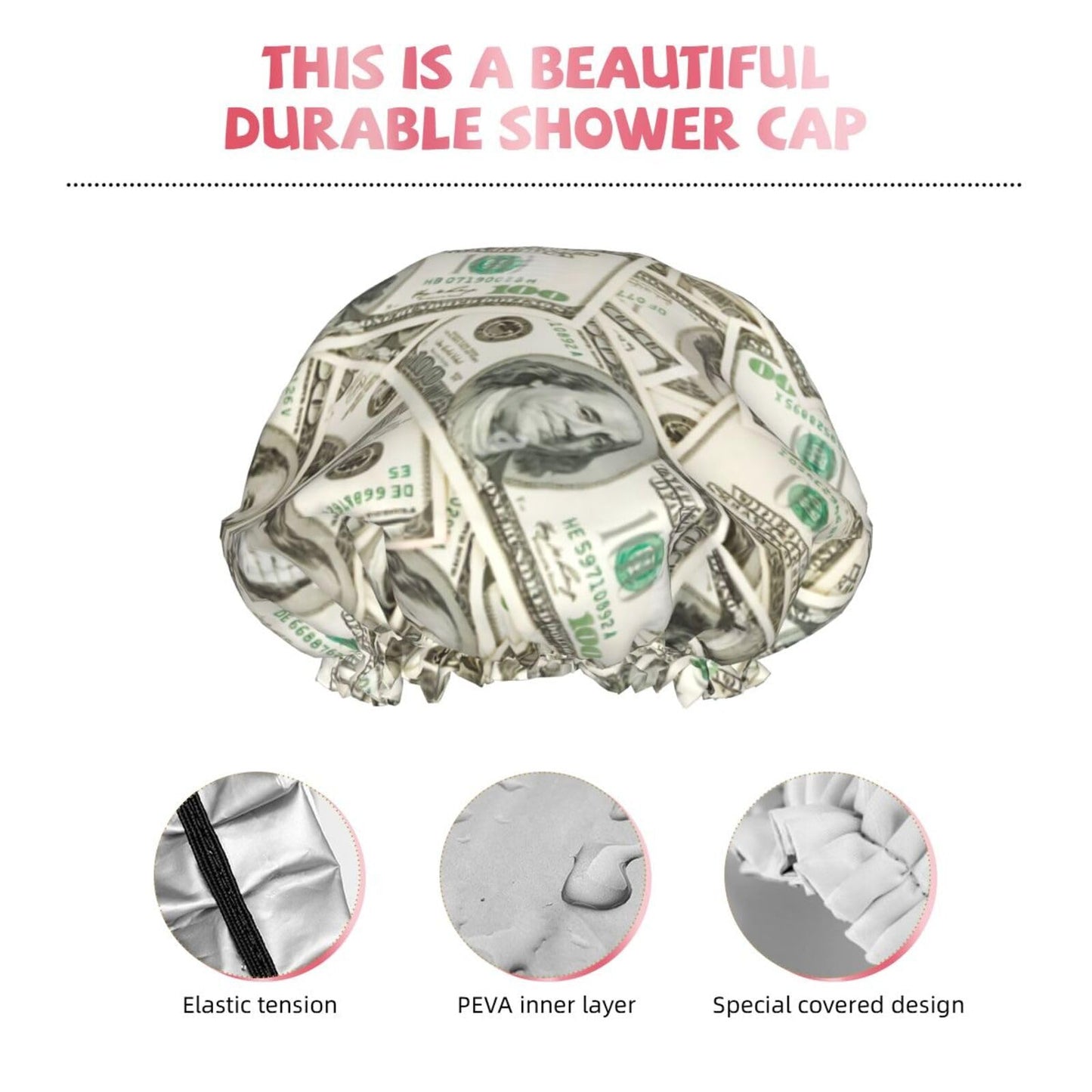 100 Dollar Money Shower Cap For Women Reusable Waterproof Double Layers Bath Cap Hair Protection Elastic Ladies Spa Salon Shower Hat Beauty and Personal Care YUZEKABZ