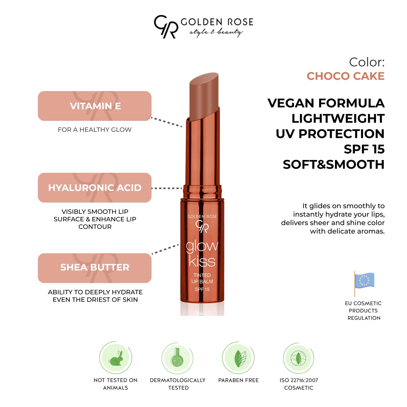 Golden Rose Cosmetics Glow Kiss Tinted Lip Balm with SPF15, Vegan Formula (Choco Cake) Beauty and Personal Care Golden Rose