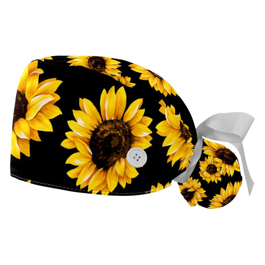 2 Pcs Adjustable Working Caps with Button, Yellow Sunflower Black Bouffant Ponytail Scrub Caps Women Long Hair Beauty and Personal Care Anna Cowper