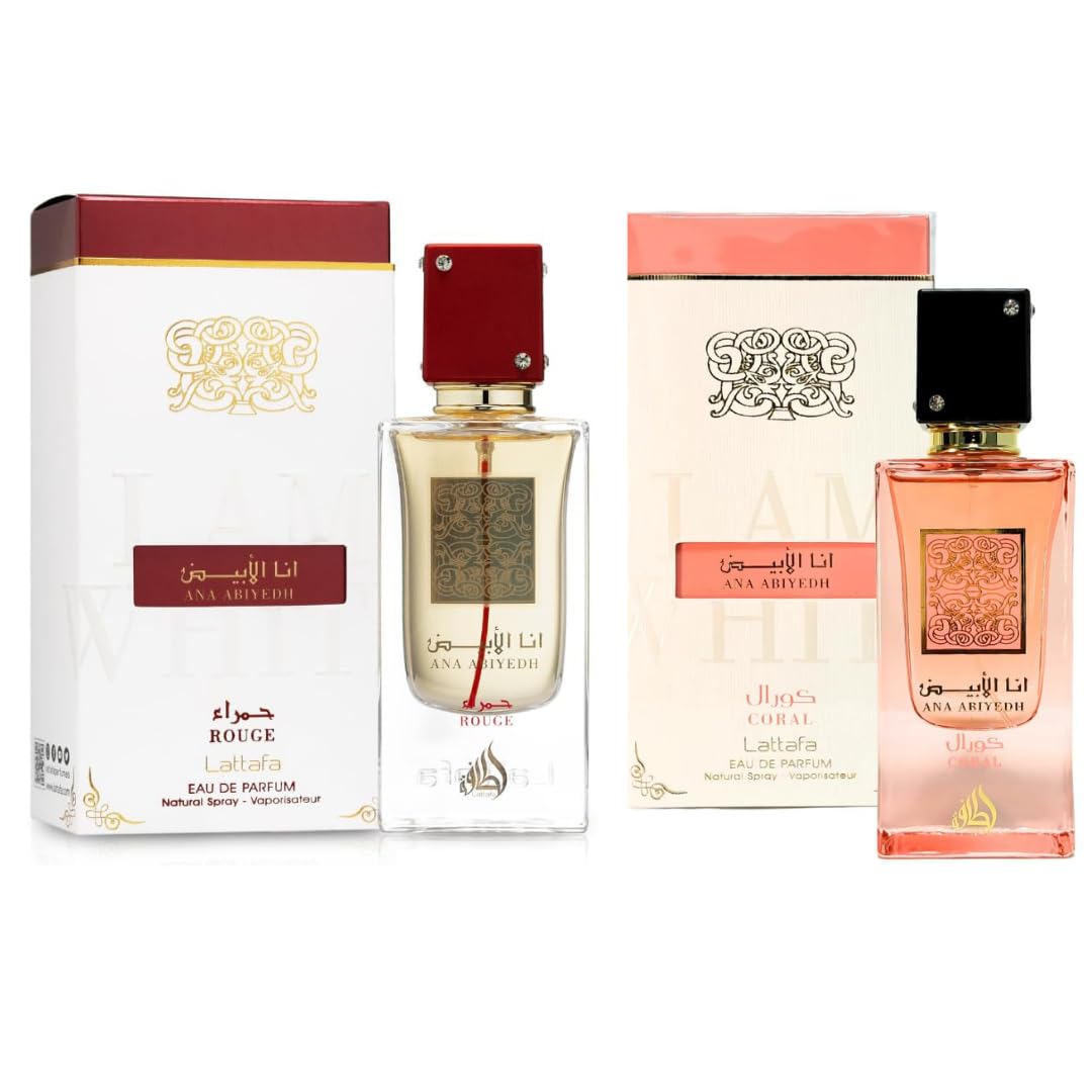 Lattafa Ana Abiyedh Rouge & Coral Eau De Parfum Bundle | 100ml x 2 (3.4 oz Each) | Long-Lasting Unisex Fragrance Set | Authentic Middle Eastern Beauty & Personal Care Lattafa
