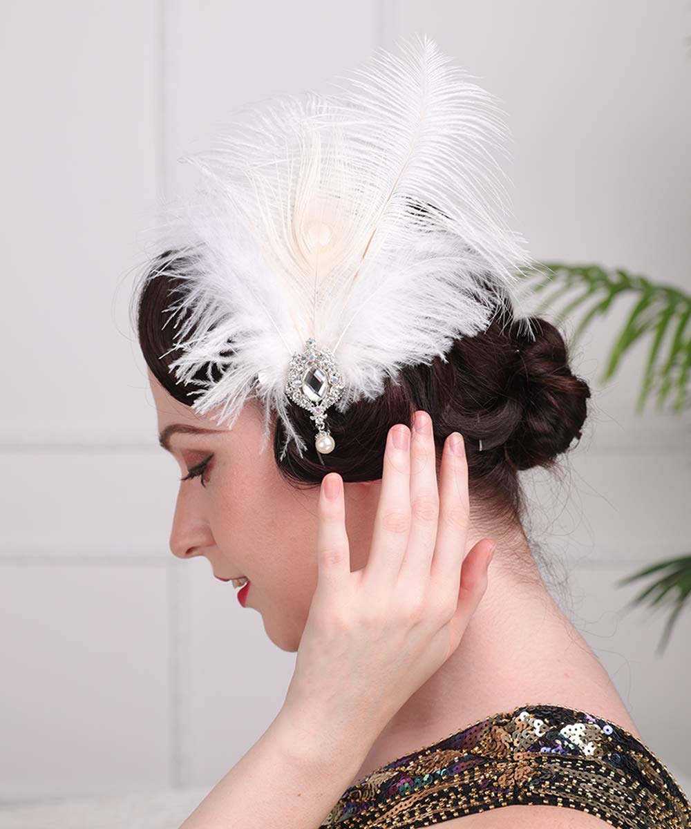 Aimimier 1920s Flapper White Feather Headpiece Crystal Pendant Hair Clip Roaring 20s Feather Accessories Masquerade Hair Jewelry for Women Beauty & Personal Care Aimimier