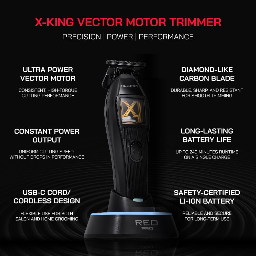 RED PRO X King Vector Motor Cordless Hair Trimmer Professional Barber Detail Beard Trimmer DLC Blade USB C 240 Min Gold Black Beauty and Personal Care RED Pro
