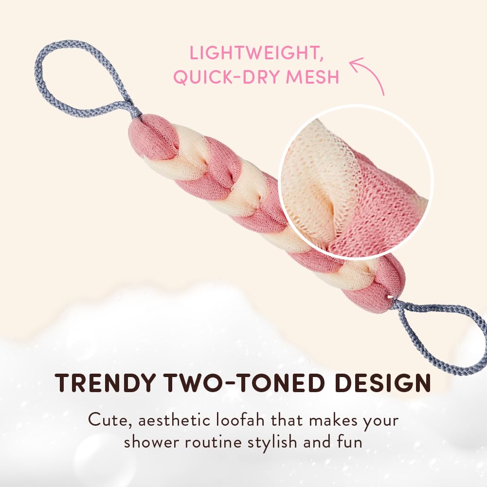 Éclat Long Stretch Back Loofah, Braided Mesh Shower Sponge with Rope Handles, Exfoliating Body Scrubber, Long Handle Bath Pouf for Deep Cleansing Beauty and Personal Care Éclat