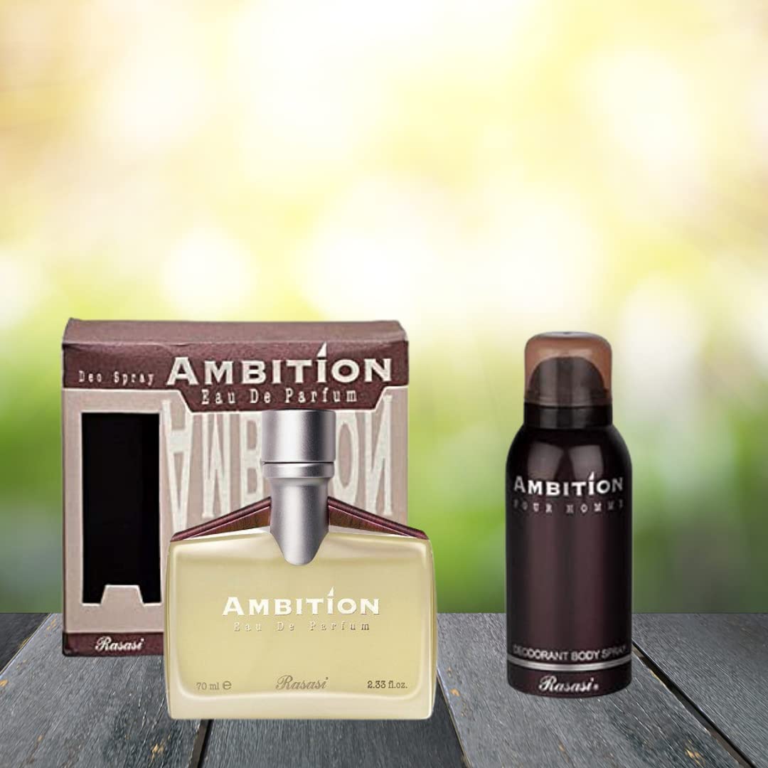RASASI Ambition Ambition Men EDP & Deo Perfume 70ml + Deodorant 150ml | Bergamot, Floral Spices, Musk and Amber | Iris, Peony, Rose, Cassis, Freesia Beauty & Personal Care RASASI