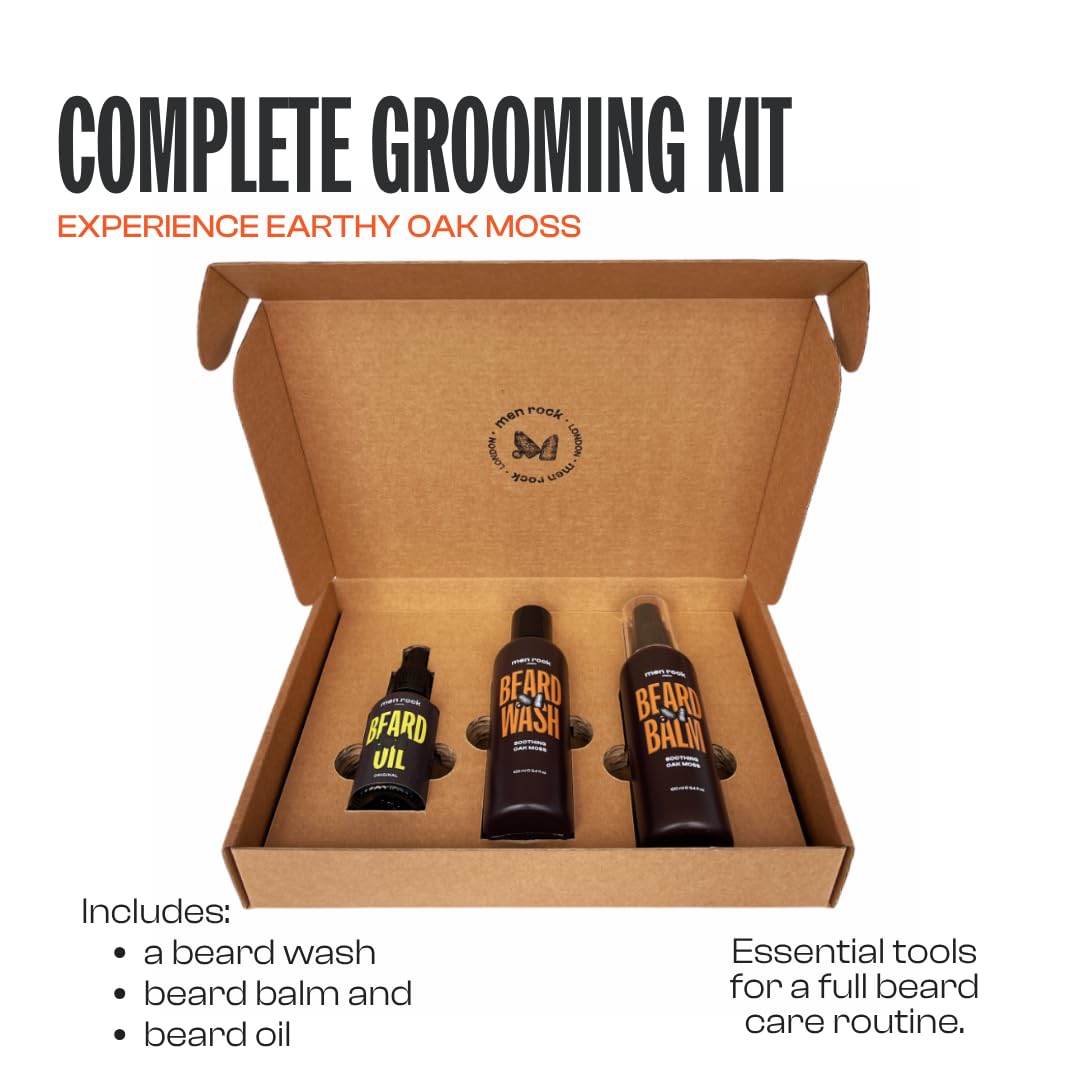 Men Rock Beardy Beloved Soothing Essential Beard Kit - Oak Moss - Beard Oil, Balm and Wash - Mens Face Care - Skincare Products for Men - 3 Pc Beauty and Personal Care Men Rock