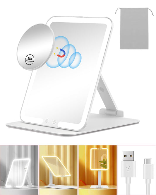 Gospire Travel Makeup Mirror with Lights and Magnification 10X, Portable Make Up Compact Tabletop with Adjustable Stand, 3 Colored Light Rechargeable Beauty and Personal Care Gospire Default Title