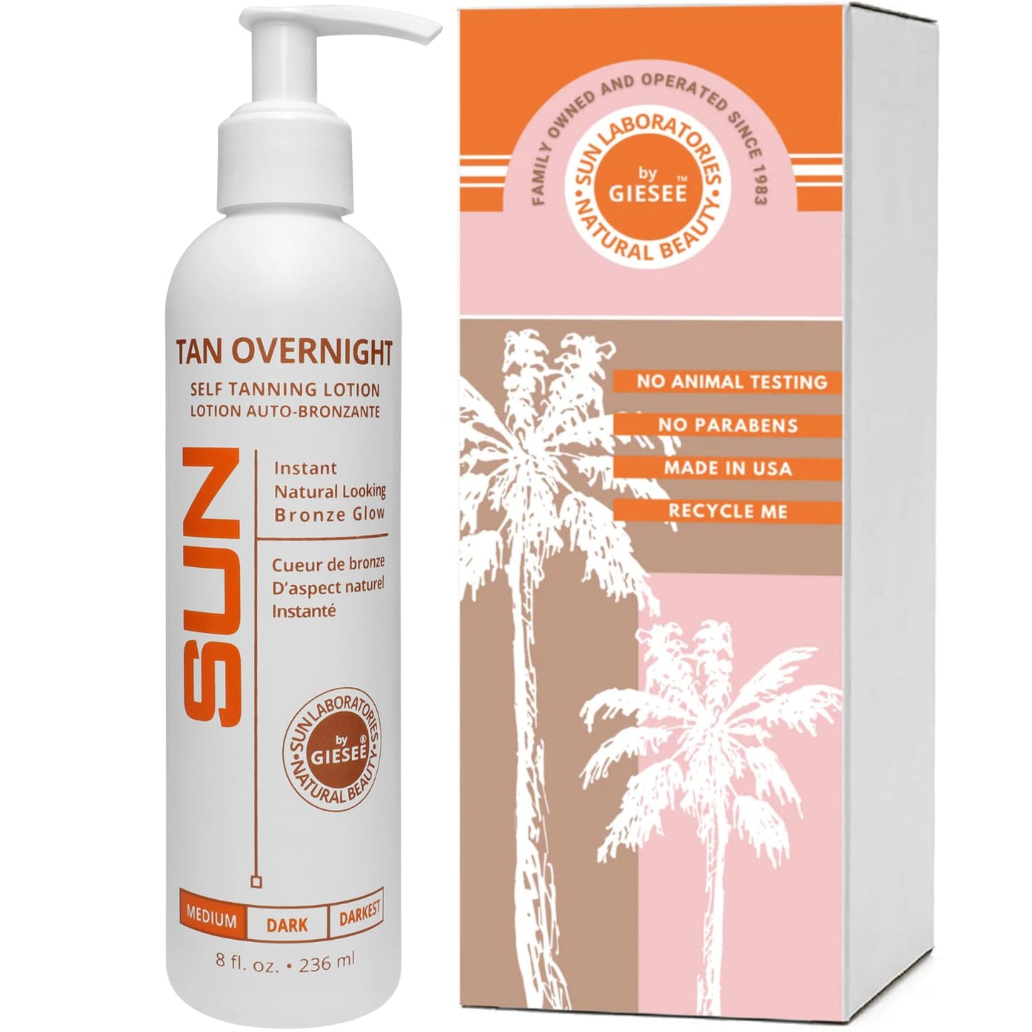 Tan Overnight Sunless Tanning Lotion 8 oz - Self Tanner, Self Tanning Lotion, Face Tanner - Natural, Long Lasting, Instant Dark Bronzer, Gradual Tan Beauty & Personal Care Sun Laboratories by Giesee