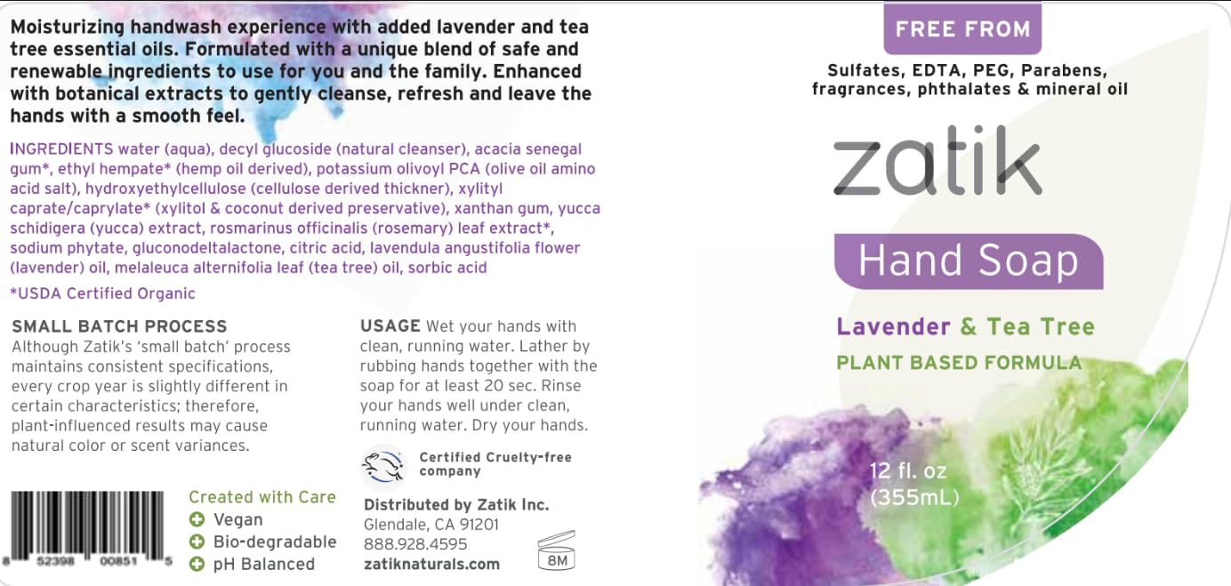 Zatik Naturals - Liquid Hand Soap (Lavender + Tea Tree), Moisturizing Handwash, Grey Water Safe, 12 fl oz (Pack of 1) Beauty & Personal Care Zatik
