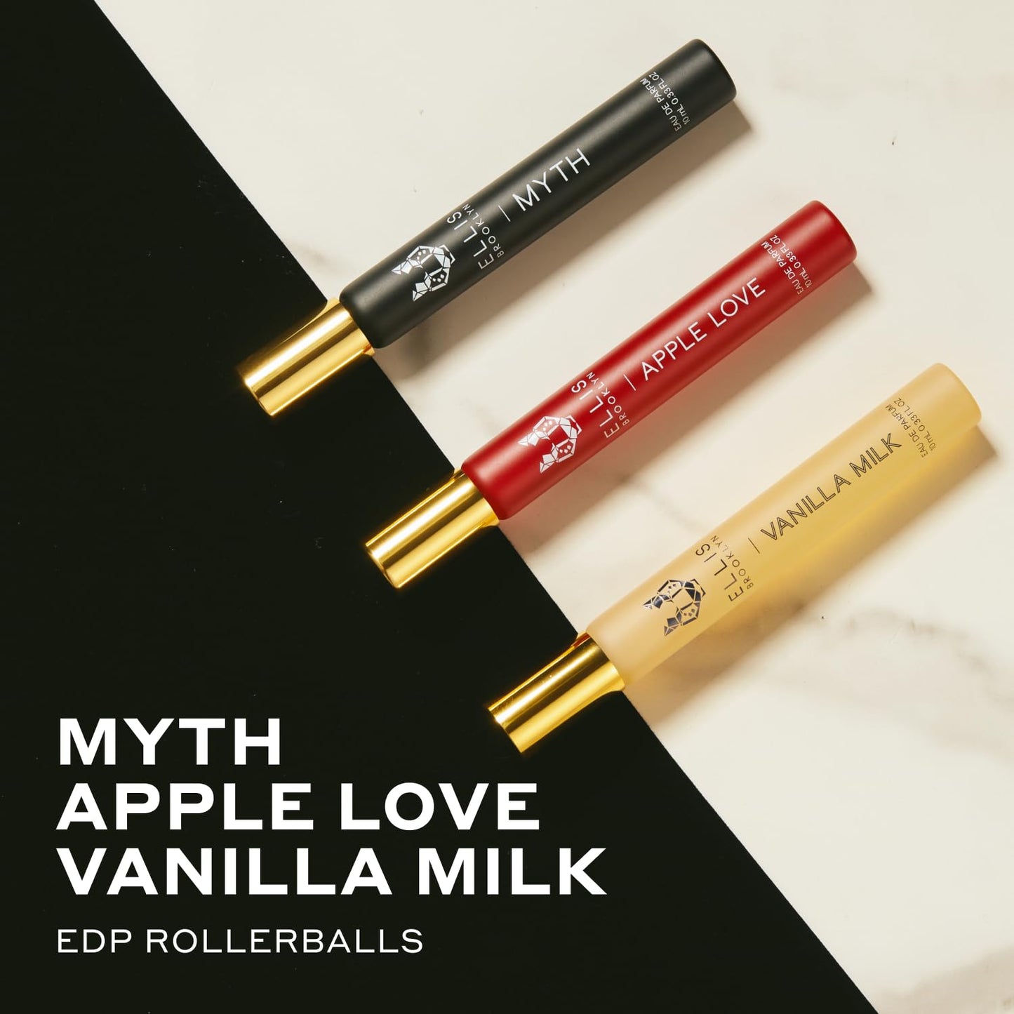 Ellis Brooklyn LOVE TRIANGLE Fragrance Trio Set of 3 x 10ml Eau de Parfum Rollerballs - APPLE LOVE, VANILLA MILK, MYTH - Vegan, Cruelty-Free Beauty & Personal Care Ellis Brooklyn