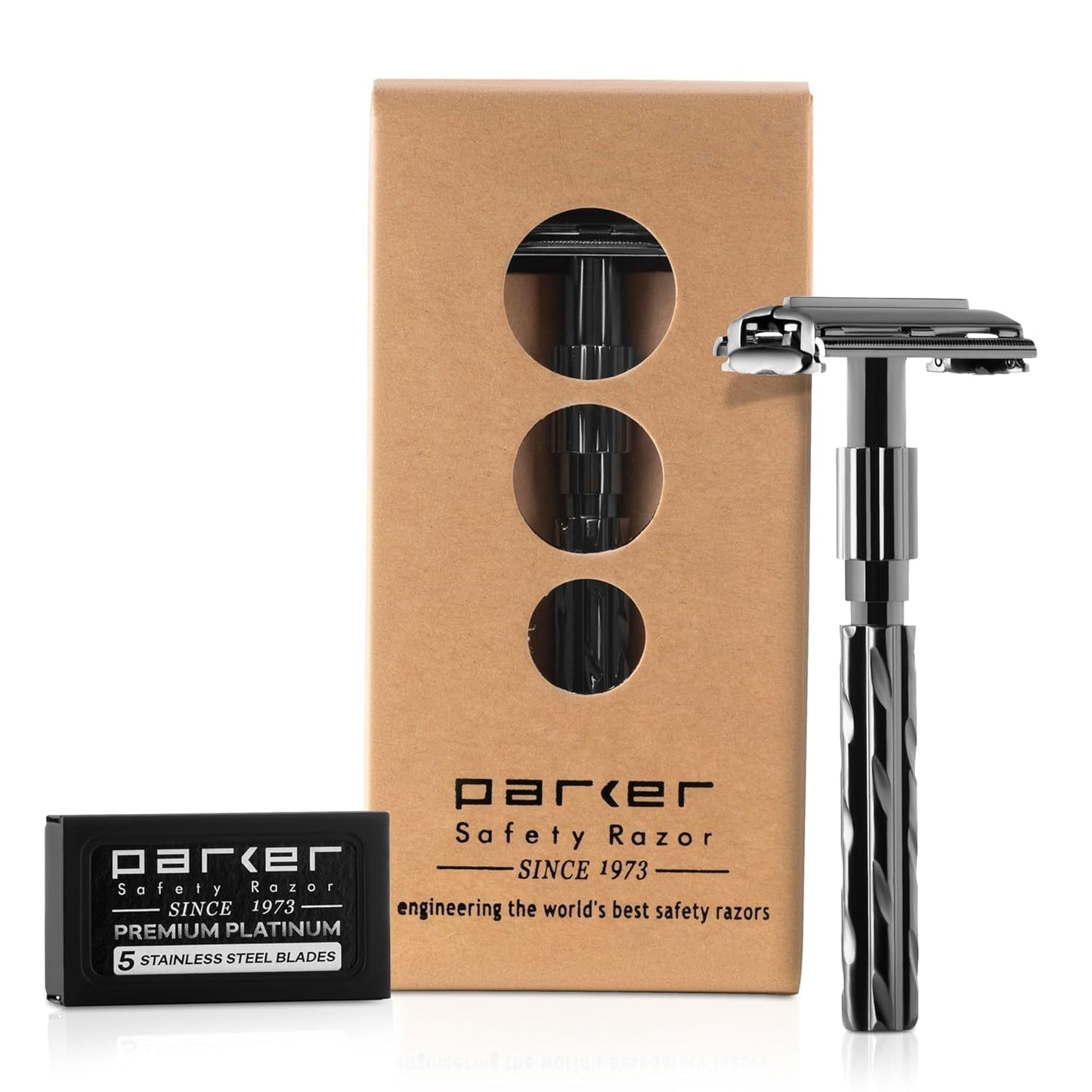 Parker 22R Long Handle Safety Razor - Gunmetal Twist-to-Open Butterfly Design, Heavyweight Brass Frame with Knurled Grip - Includes 5 Platinum Double Beauty and Personal Care Parker Safety Razor