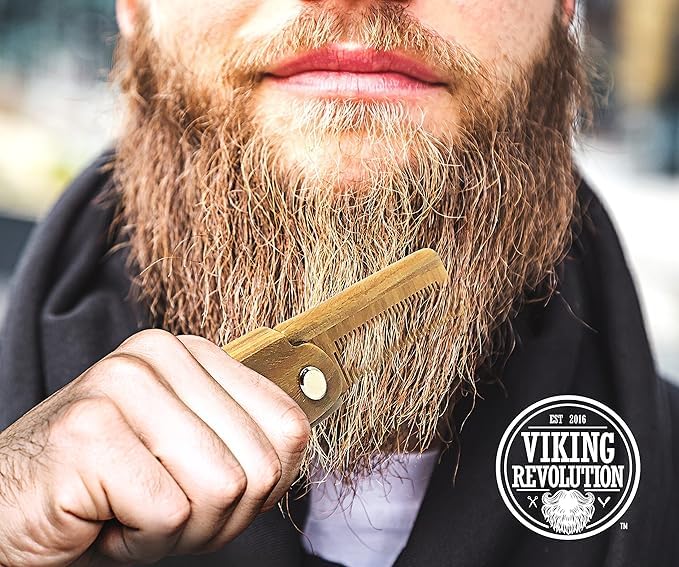 Folding Beard Comb w/Carrying Pouch for Men - All Natural Wooden Beard Comb w/Gift Box - Green Sandalwood Comb for Grooming & Combing Hair, Beards Beauty & Personal Care Viking Revolution
