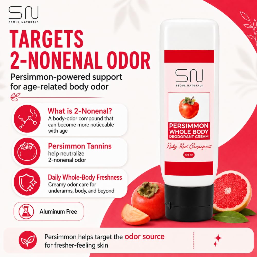Seoul Naturals Persimmon Whole Body Deodorant Cream 2 Pack, Red Ruby Grapefruit Scented, Eliminates Nonenal Odors, k beauty inspired, 8fl oz, 2 x 4fl Beauty and Personal Care Seoul Naturals