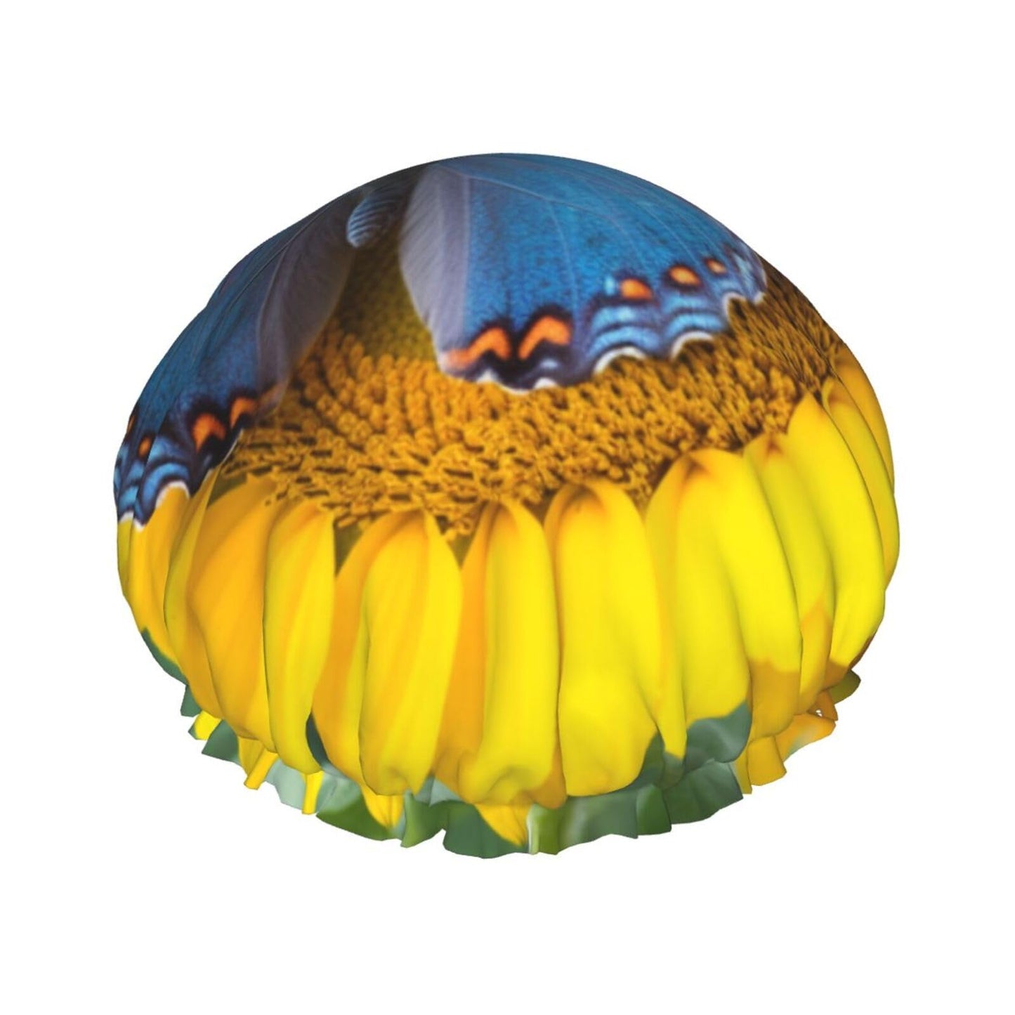 Sunflower Blue Butterfly Shower Cap for Women Men Large Reusable Shower Bonnet Double-Layer Waterproof Bath Caps Elastic Band Hair Hat for All Beauty and Personal Care BWLHJKE