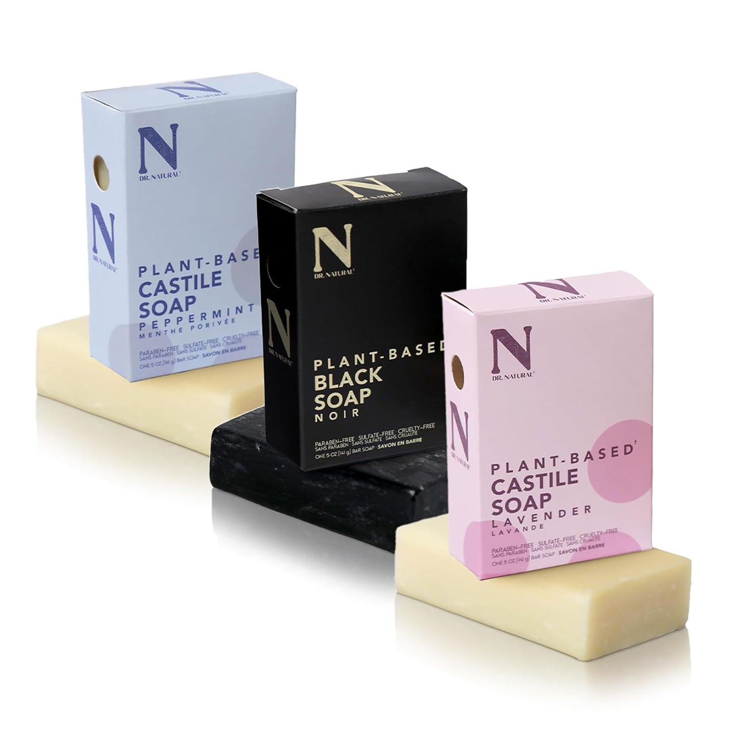 Dr. Natural Castile and Black Bar Soap Set - Multipurpose Soap Bar with Anti-Acne Properties - Lavender, Peppermint, Black Soap - 3 pc Beauty & Personal Care Dr. Natural