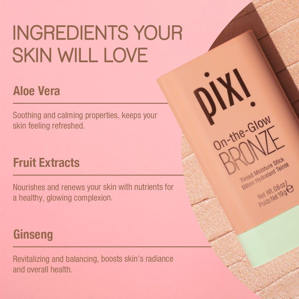 Pixi On-the-Glow Bronze - SoftGlow, Hydrating Tinted Moisture Bronzer Stick with Ginseng, Aloe Vera & Fruit Extracts, For Cheeks & Lips, 19g / 0.6oz Beauty & Personal Care Pixi