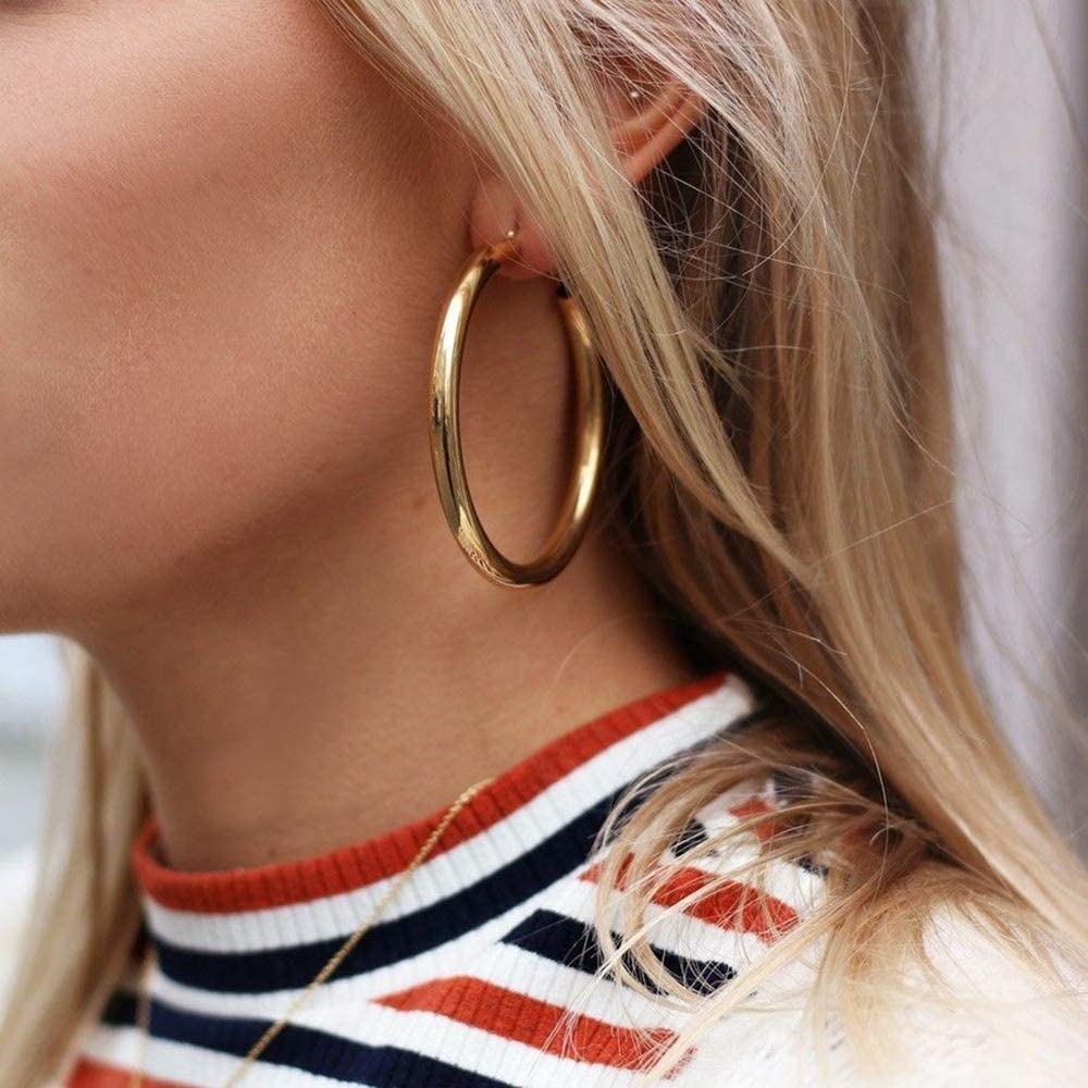 Doubnine Tube Hoop Earrings Gold Lightweight Large Earrings Women Fashion Jewelry (50mm, gold) Beauty & Personal Care Doubnine