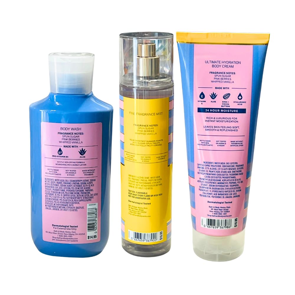 Bath & Body Works COTTON CANDY CLOUDS Fine Fragrance Mist, Ultimate Hydration Body Cream & Body Wash 3pc Gift Set with a Red Bow for Holidays - Full Beauty and Personal Care Bath & Body Works