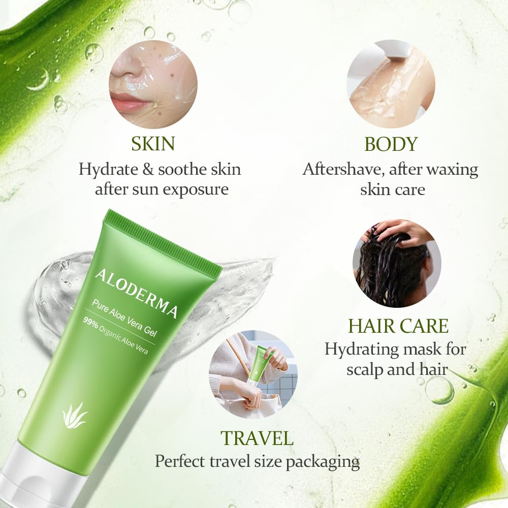 Aloderma 99% Organic Aloe Vera Gel Made within 12 Hours of Harvest, Easy Travel Size Tube for Body, Face, & Scalp, Cooling, Soothing Instant Relief Beauty & Personal Care Aloderma