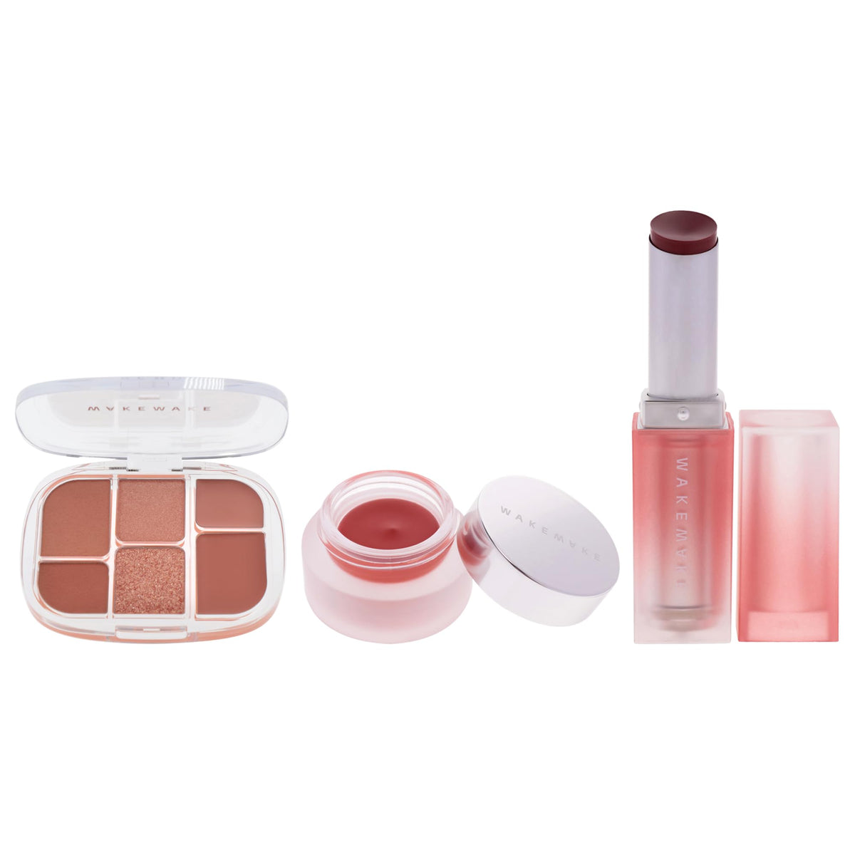 Wakemake Kit by Wakemake for Women - 3 Pc Kit 0.22oz Makeup - 01 Coral Hertz, 0.15oz Makeup - 03 Blessing Coral, 0.12oz Lipstick - 04 Teddy Tether