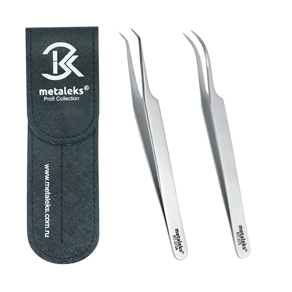 Eyelash Extension Tweezer with Straight and Curved Tip With Black Double Tweezer Magnetic Pouch Beauty and Personal Care metaleks