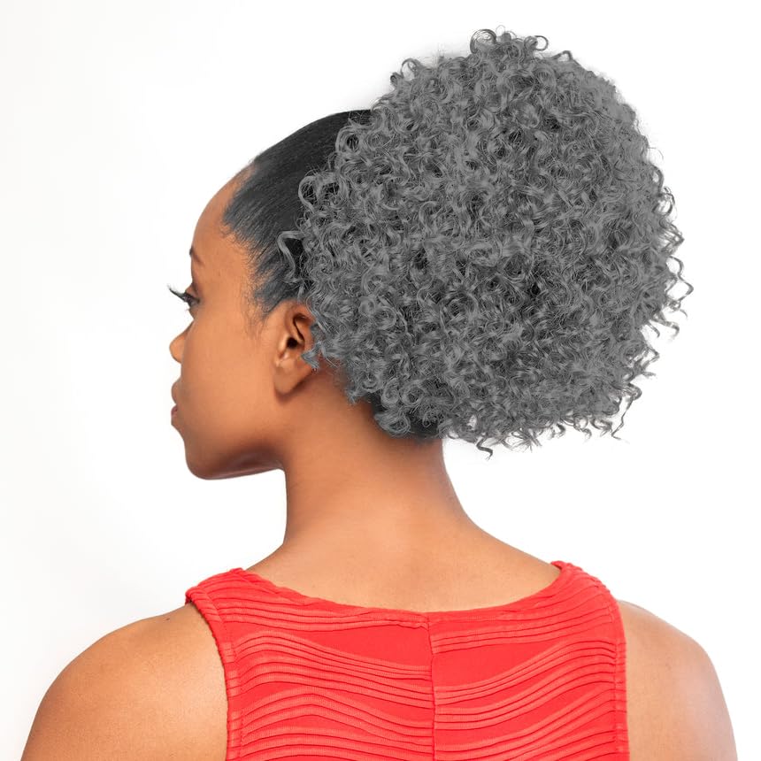DS005 Curly Ponytail Color 1B - Foxy Silver Wigs 8-10" Length Drawstring Tight Curls Hairpiece Extension Synthetic Black Grey Full Bun Womens Bundle