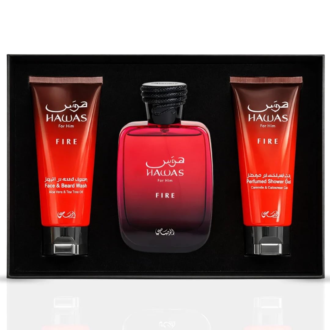 RASASI Hawas Fire For Men 3 Piece Gift Set Eau De Parfum Spray, Face & Beard Wash & Shower Gel 100ml (3.4 Oz) Beauty & Personal Care RASASI