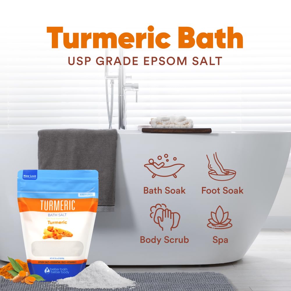 Turmeric Bath Salt 32 Oz Epsom Salt with Essential Oils Turmeric, Cinnamon, Orange Plus Vitamin C in BPA-Free Pouch with Easy Press-Lock Zipper | Beauty & Personal Care Better Bath Better Body