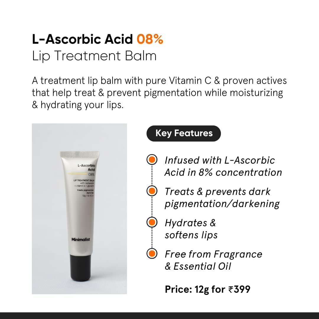 Minimalist 8% L-Ascorbic Acid Lip Treatment Balm with Vitamin E, Radianskin & Glycerine for Pigmented & Dark Lips - 12 gm Beauty and Personal Care Dalal