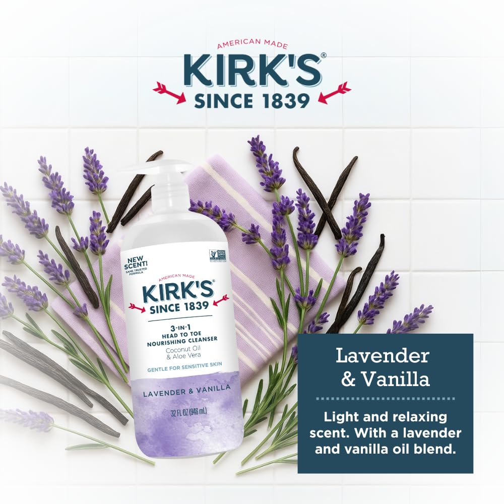 Kirk's 3-in-1 Head to Toe Nourishing Liquid Cleanser- for Men, Women & Children - Premium Coconut Oil & Aloe Vera- Non GMO & Vegan - Lavender Beauty & Personal Care Kirk's