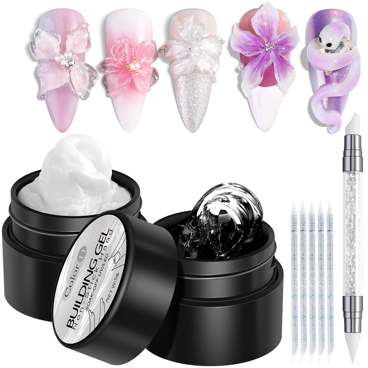 Fcozpjk Solid Builder Gel Kit, 2PCS Clear and White 3D Sculpting Gel Non-Sticky Hand Carving Gels with Silicone Pen Hard Gels for Nails Molding 3D Beauty and Personal Care Fcozpjk Default Title
