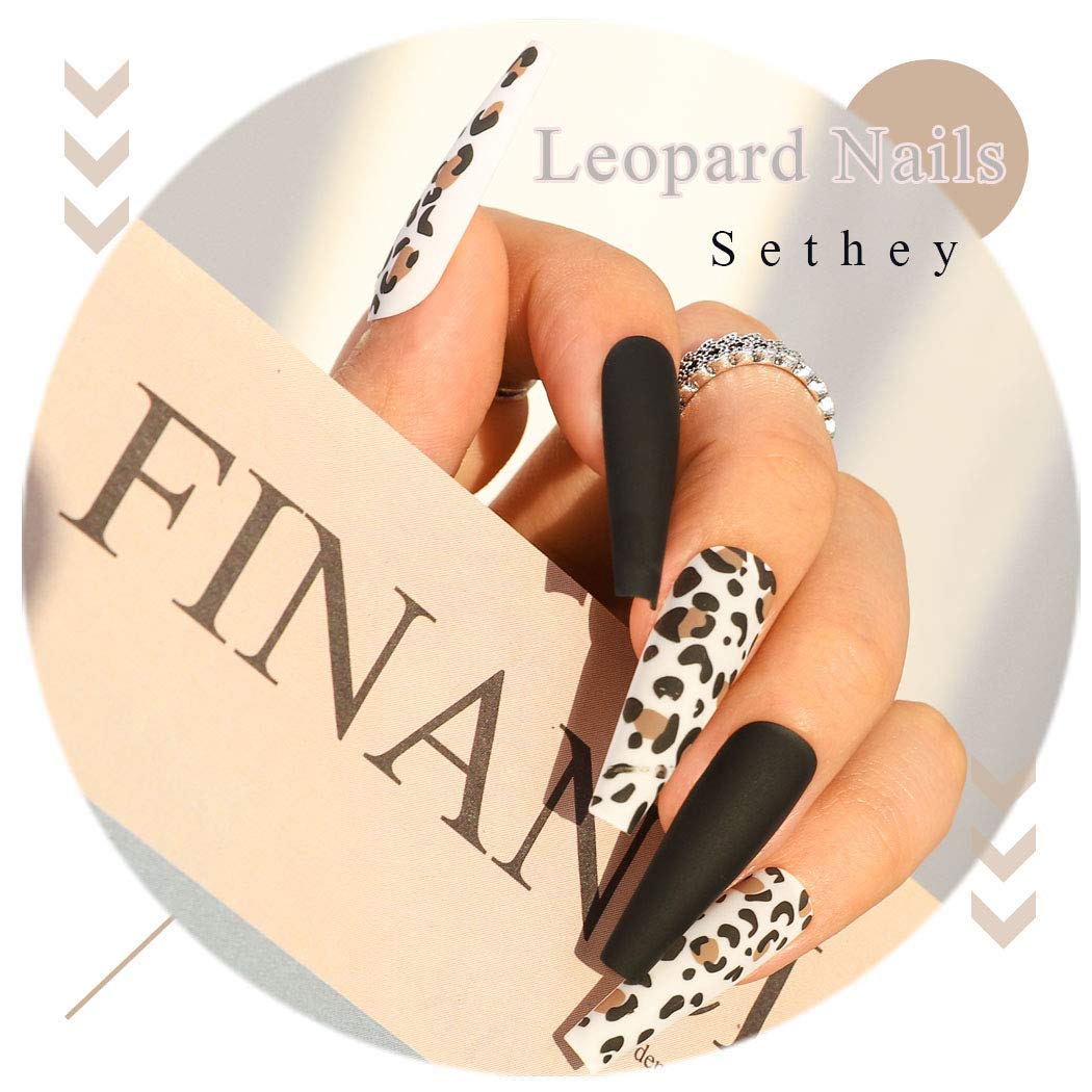 Sethexy Leopard Ballerina False Nail Matte Long Coffin Fake Nails Press on 24Pcs Acrylic Art Nail Tips For Women and Girls (Black) Beauty & Personal Care Sethexy
