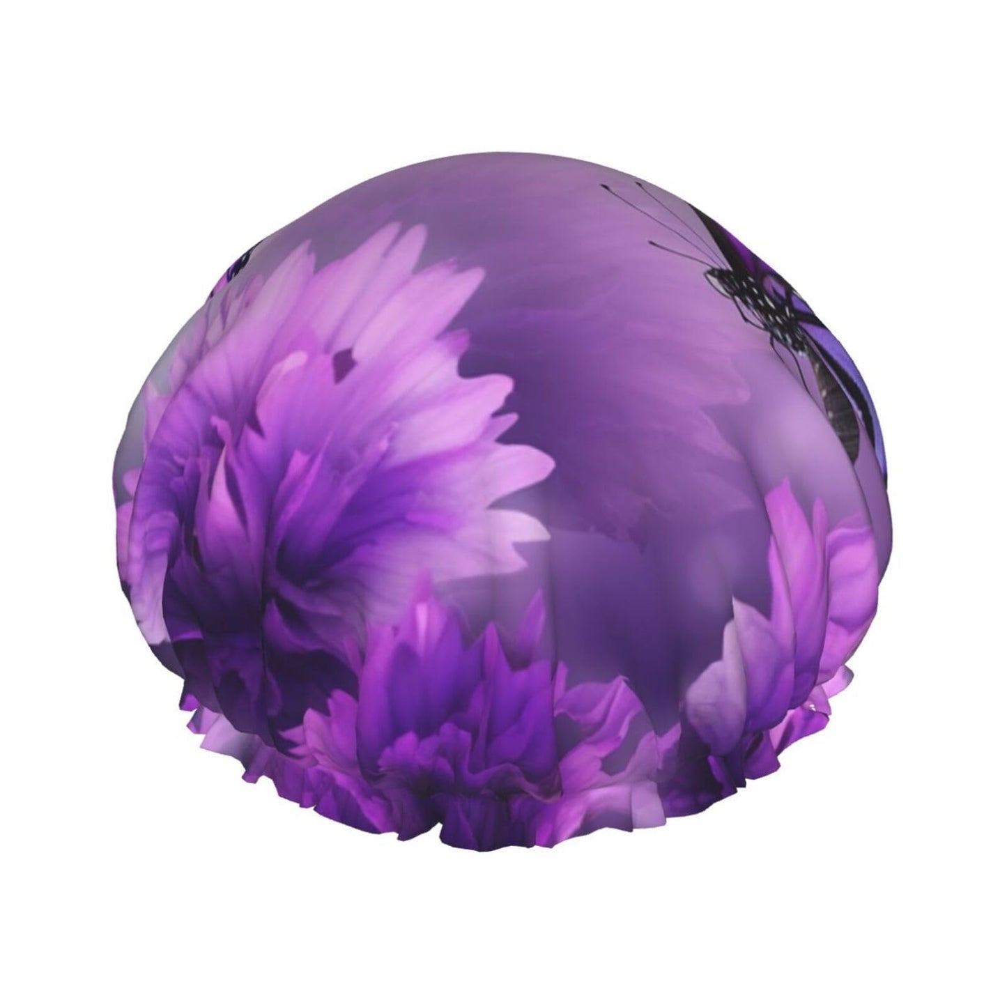 Purple Flower Butterflies Shower Cap for Women Men Large Reusable Shower Bonnet Double-Layer Waterproof Bath Caps Elastic Band Hair Hat for All Beauty and Personal Care BWLHJKE