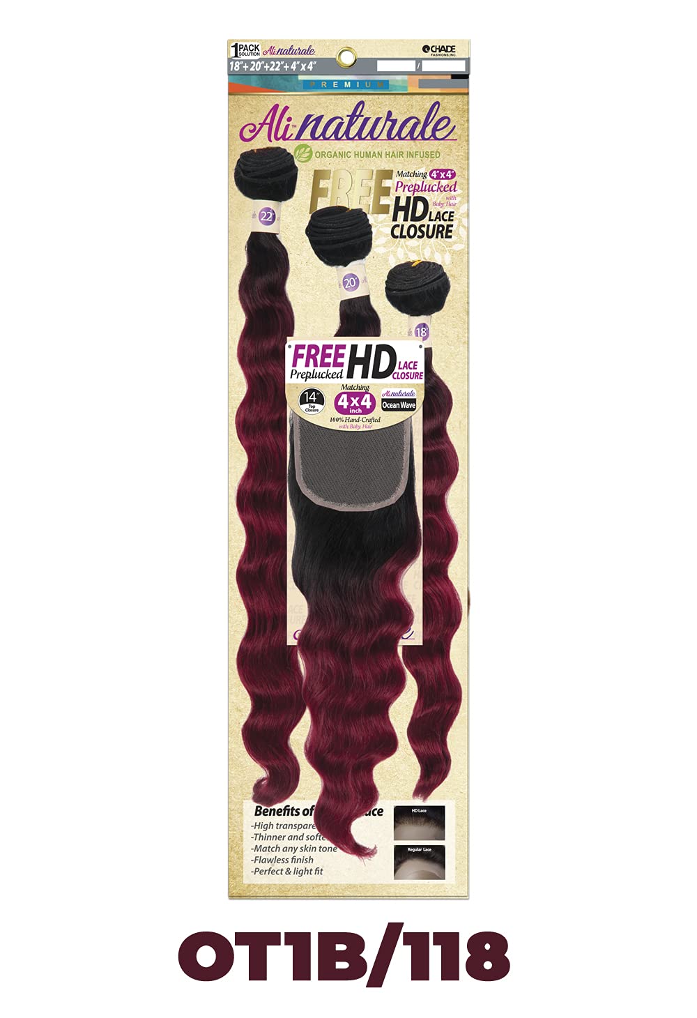 Chade Fashions Inc Ali Naturale Weave Ocean Wave 18, 20, 22 + HD 4X4 Closure Human Hair Blended 1 Pack Solution - AN344O5 (613)