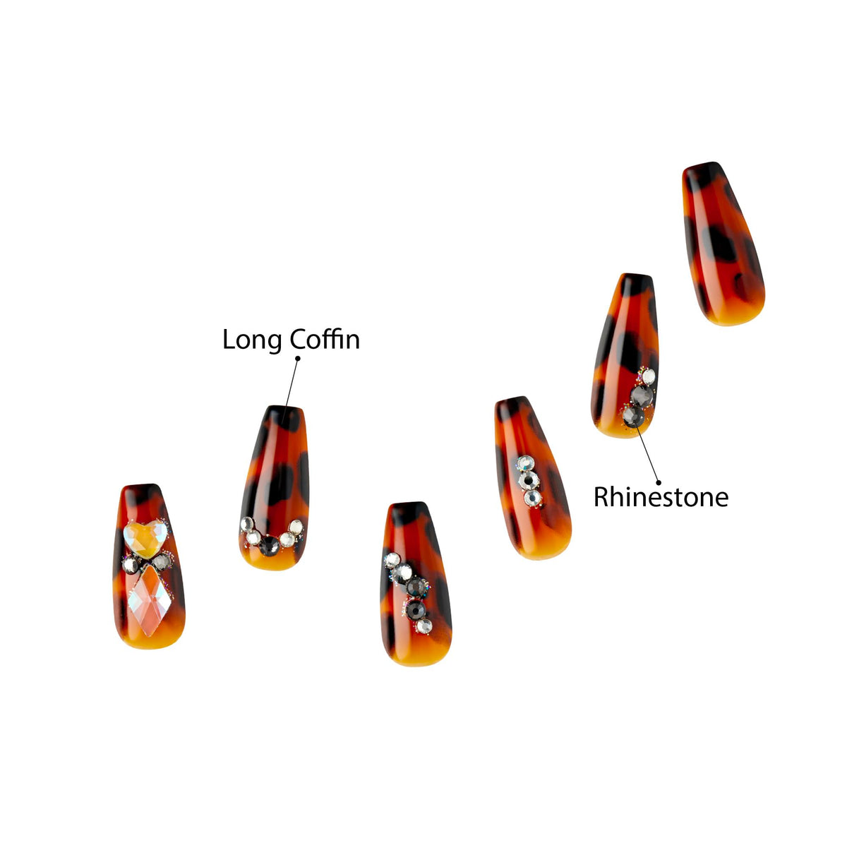GoldFinger Premium Luxury False Nails Kit, Ready to Wear Leopard Nails, Manicure Stick and Glue Included, Long Coffin Shape with 3D Rhinestones