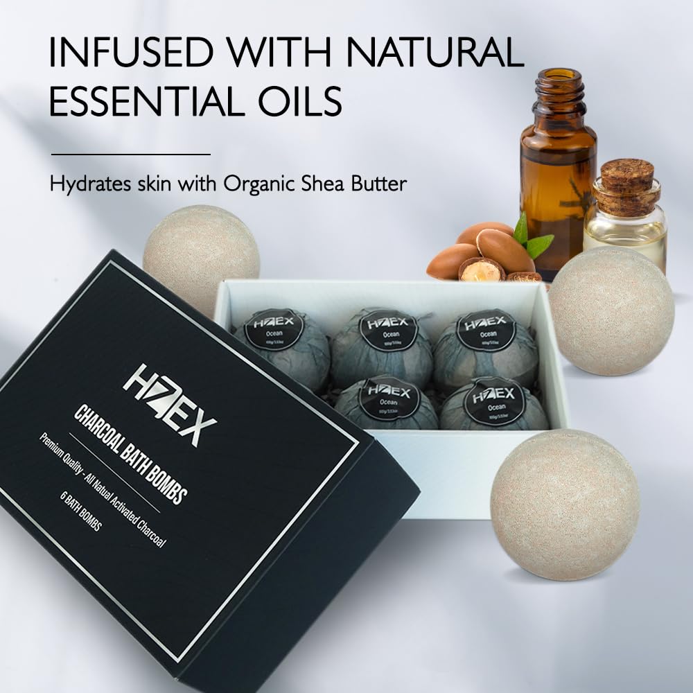 HZEX Charcoal Activated Bath Bombs for Men - Detox with Handmade Organic 6 Pack Bath Bomb Set, up to 3 Scents (Sandalwood, Bergamot, Ocean) Beauty and Personal Care HZEX