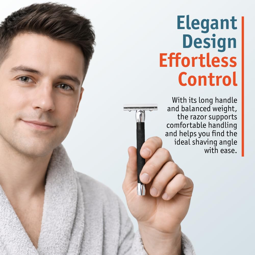 MERKUR 20C Double Edge Safety Razor, Long Handle, Black Anodized Aluminum & Bright Chrome Finish, Three-Piece Design, Closed Comb Straight Bar, Made Beauty and Personal Care MERKUR