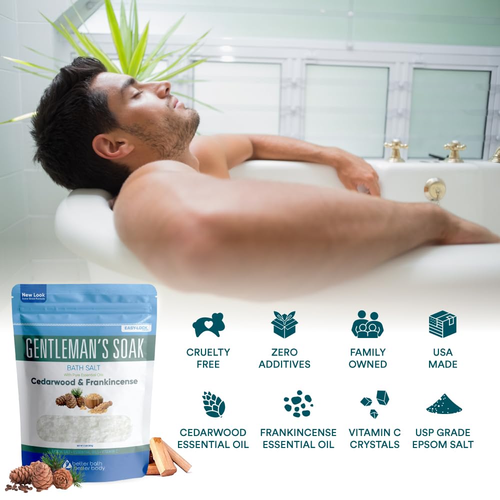Gentleman's Bath Salt 32 Ounces Epsom Salt with Natural Cedarwood, Frankincense, Eucalyptus and Peppermint Essential Oils Plus Vitamin C in BPA Free Beauty & Personal Care Better Bath Better Body