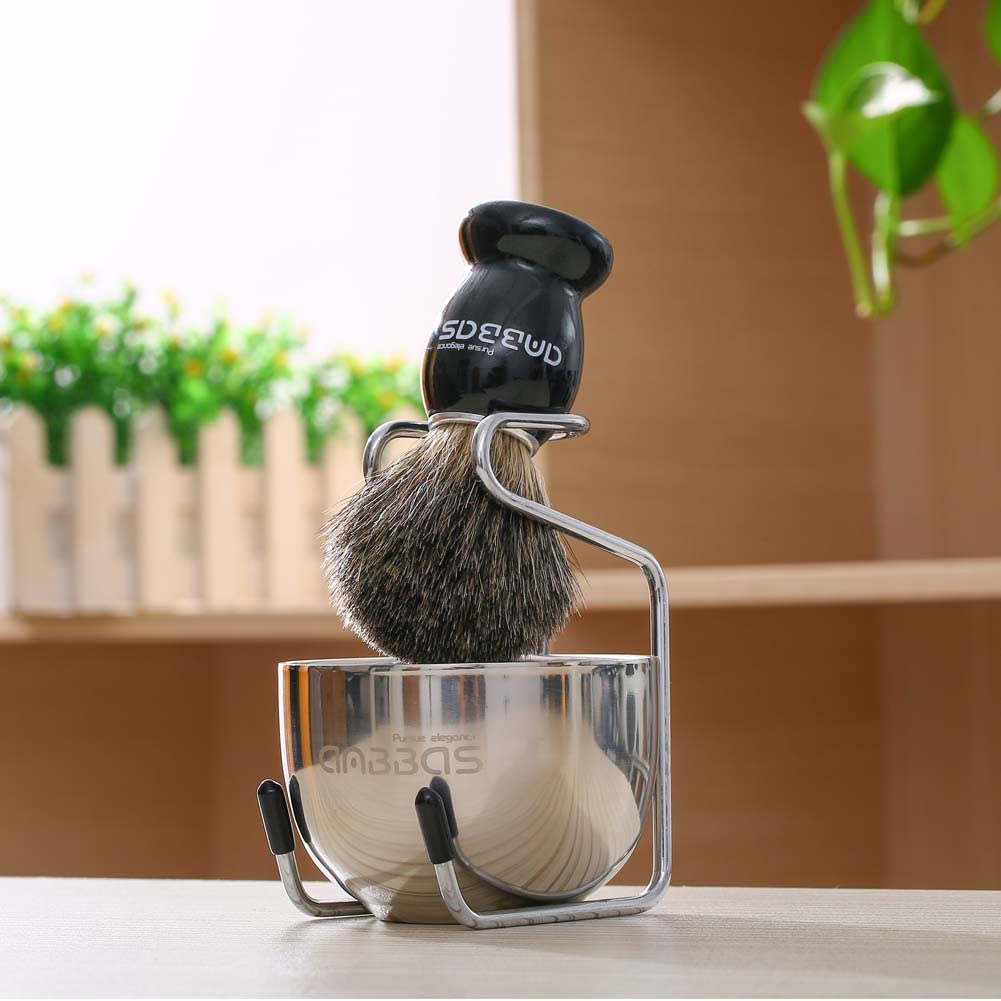Anbbas Pure Badger Shaving Brush with Wood Handle,Stainless Steel Shaving Stand and Soap Bowl Perfect for Men Wet Shave Beauty and Personal Care Anbbas