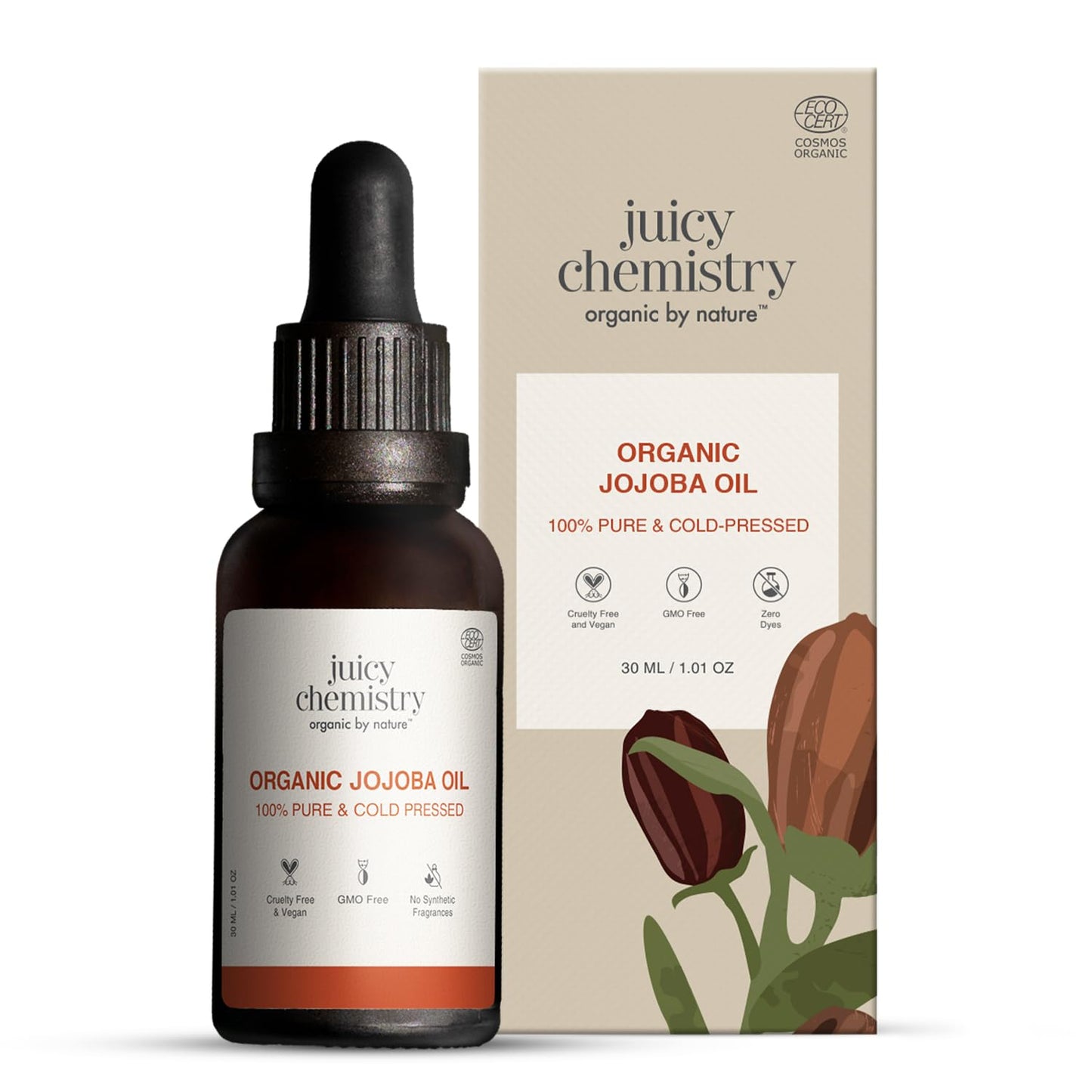 Juicy Chemistry Organic Jojoba Oil, 30 Ml Pure, Cold Pressed & Virgin Carrier Oil For Skin, Hair & Cuticles Naturally Rich In Vitamin E & Ceramides Beauty & Personal Care Juicy Chemistry