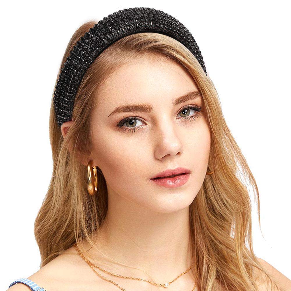 Women's Sparkling Bejewelled Crystal Diamond Headband Fashion Padded Velvet Fabric Wide Hairband Wedding Headpiece Party Durable Handmade Rhinestone
