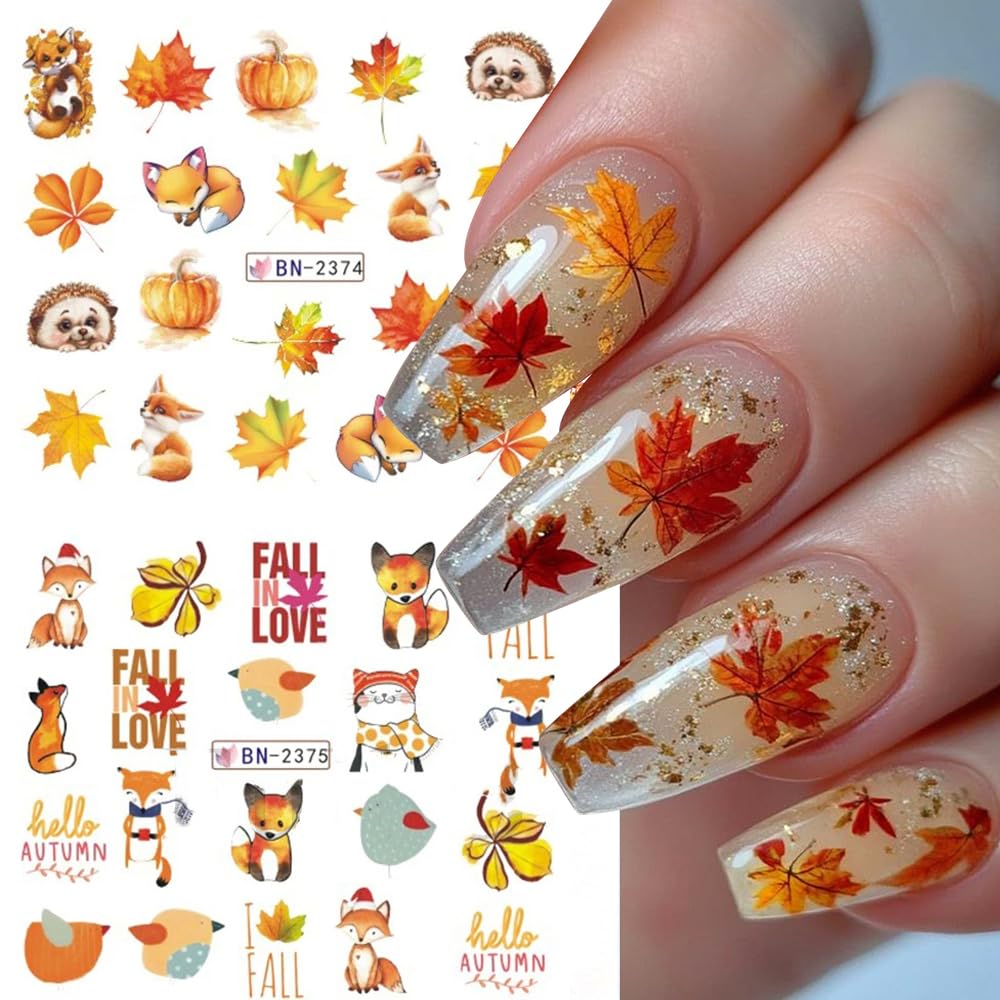 12Sheets Fall Nail Stickers Autumn Maple Leaf Pumpkin Halloween Thanksgiving Water Transfer Nail Decal for Women Girls Kids DIY Decorations Beauty & Personal Care Qdsuh