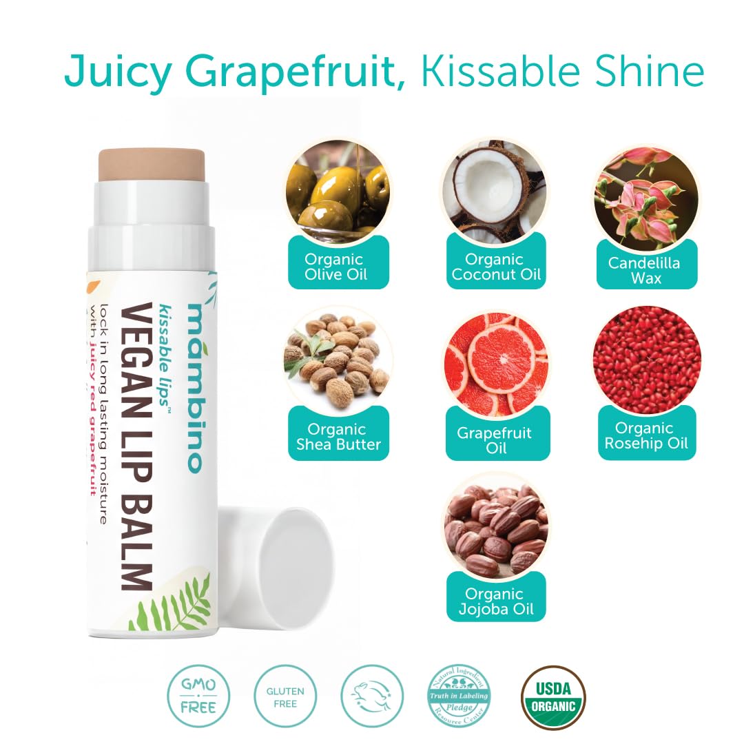 Mambino Organics Kissable Lips Vegan Lip Balm, Glossy Pink Grapefruit Lip Moisturizer, Hydrating Plant-Based Lip Care with Olive & Jojoba Oils, Clean Beauty and Personal Care Mambino Organics