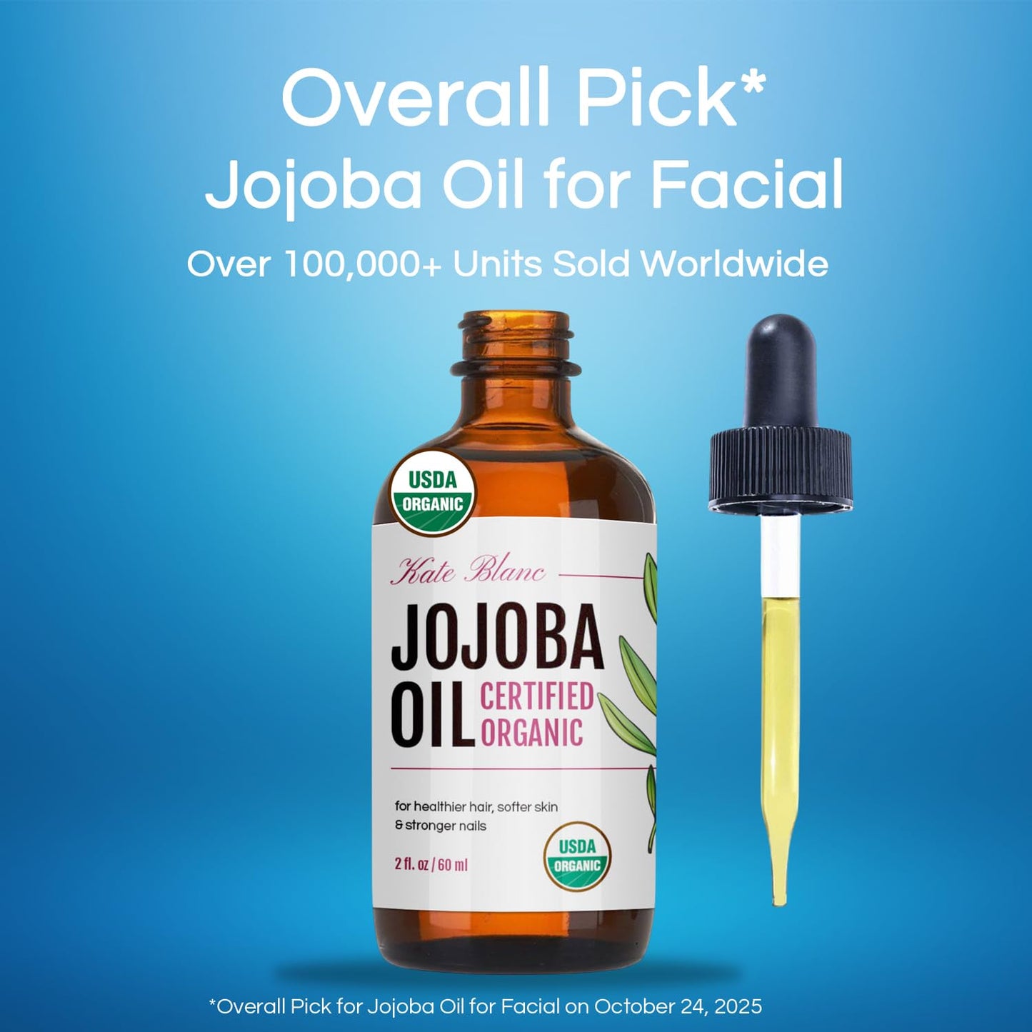 Kate Blanc Cosmetics Organic Jojoba Oil for Hair, Skin, Face, Nails (2oz) - USDA Certified, 100% Pure Cold Pressed Unrefined - Moisturizing Carrier Beauty & Personal Care Kate Blanc Cosmetics