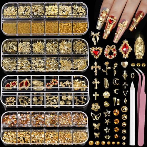 Teenitor Gold Nail Charms and Gems Set, 4 Boxes Nail Gems Nail Pearls Nail Art Tools, 3D Cross Nail Charms Heart Nail Rhinestones for Nails Supplies Beauty and Personal Care Teenitor Default Title