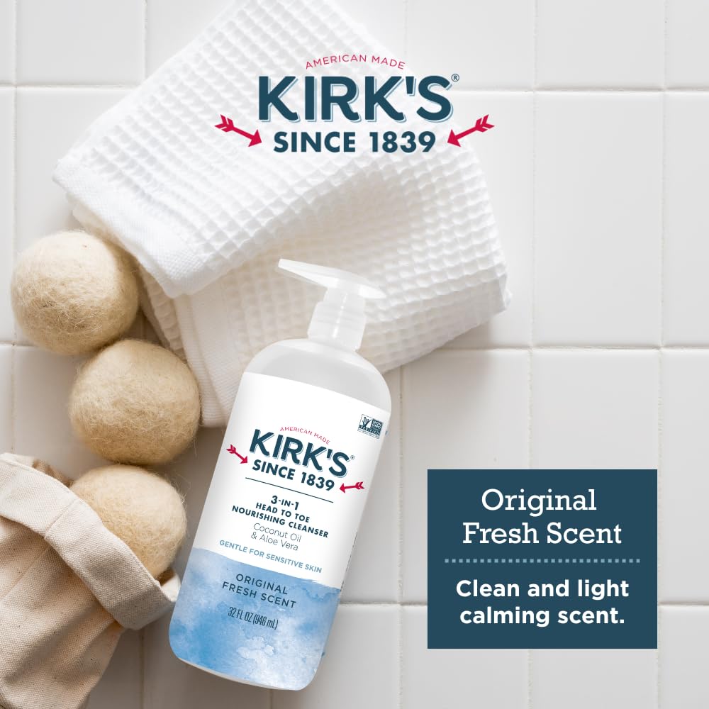 Kirk's 3-in-1 Head to Toe Nourishing Liquid Cleanser- for Men, Women & Children - Premium Coconut Oil & Aloe Vera- Non GMO & Vegan -Original Fresh Beauty & Personal Care Kirk's