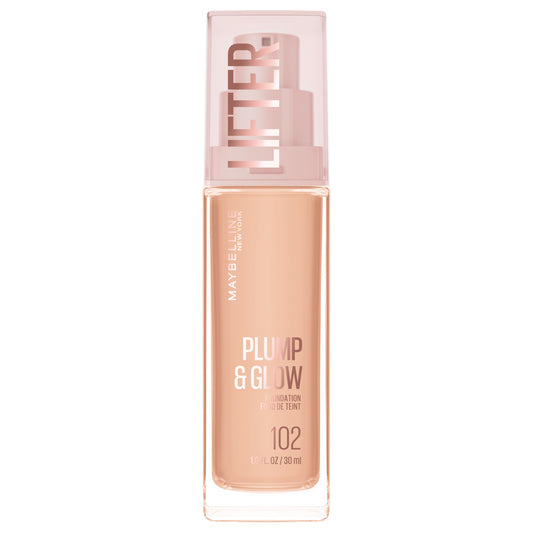 Maybelline Lifter Plump & Glow Foundation, Liquid Foundation with 2% Niacinamide + Hyaluronic Acid, Plumping and Brightening Face Makeup, 102, 1 Count
