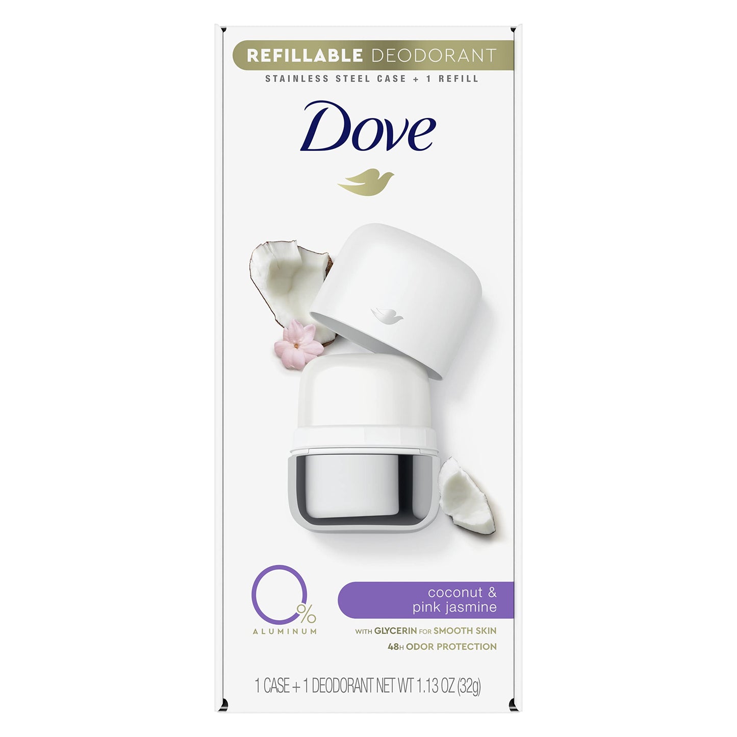 Dove Refillable Deodorant Starter Kit Deodorant For Women Coconut & Pink Jasmine 0% Aluminum 1.13 oz Beauty and Personal Care Dove