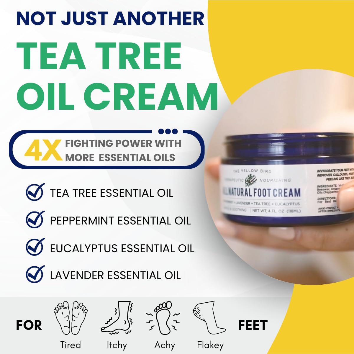 Yellow Bird Natural Tea Tree Foot Cream & Organic Foot Balm for Dry, Cracked Feet & Heels - Peppermint Moisturizer for Athlete’s Foot Relief Beauty & Personal Care The Yellow Bird